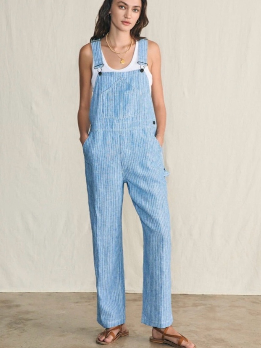 Faherty Linen Mechanic Overall Railroad Stripe Skyway Blue & White Linen M
